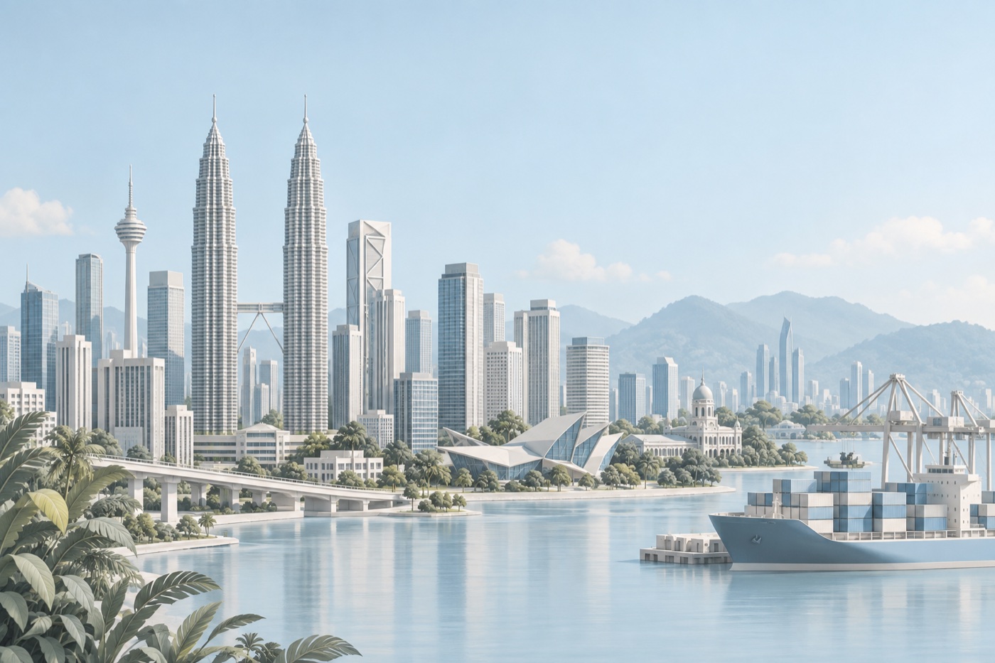Editorial illustration combining a Kuala Lumpur-inspired skyline, shipping and business buildings.